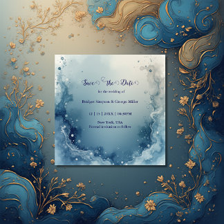 Reserva La Fecha blue white Dreamy coastal marble ink wedding