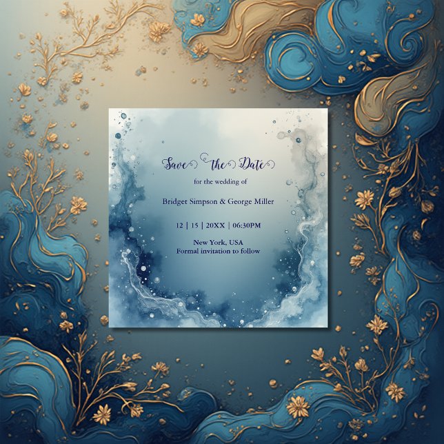 Reserva La Fecha blue white Dreamy coastal marble ink wedding (Subido por el creador)