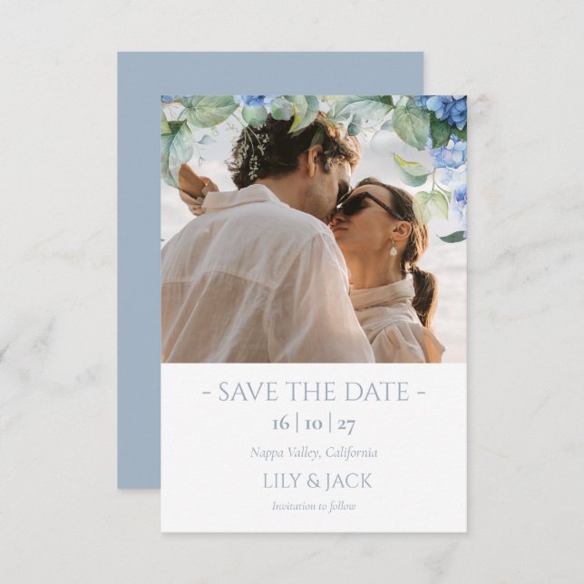Reserva La Fecha Blue & White Hydrangea Photo Save the Date Card (Anverso / Reverso)