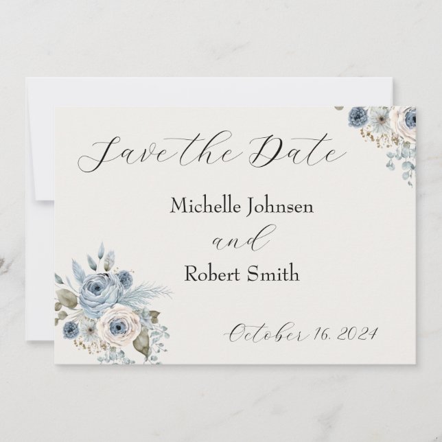Reserva La Fecha Blue Winter Floral Flat Save the Date Card (Anverso)