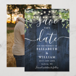 Reserva La Fecha Blue Wood String Luces Greenery Photo Boda