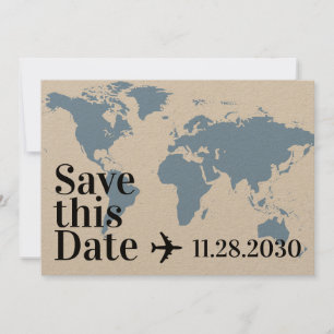 Reserva La Fecha Blue World Map and Airplane Heart Bold Destination