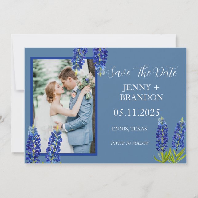 Reserva La Fecha Bluebonnets Elegante foto floral azul moderna (Anverso)