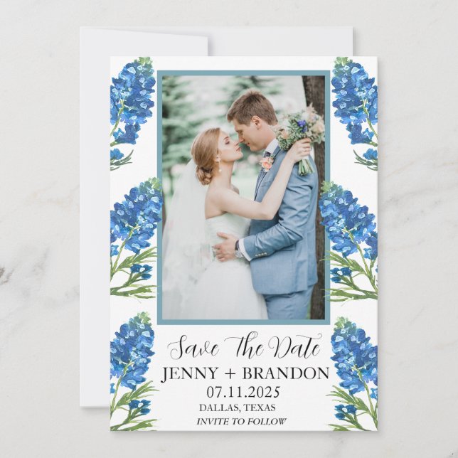 Reserva La Fecha Bluebonnets Elegante foto floral azul moderna (Anverso)