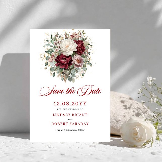 Reserva La Fecha Blush Burgundy Floral de Lujo Save The Date (Premium Blush Burgundy Floral Save The Date)