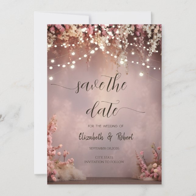 Reserva La Fecha Blush Flowers String Lights Save The Date (Anverso)