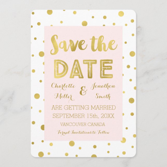 Reserva La Fecha Blush Gold Confetti Boda Foto Guardar la Fecha (Anverso)