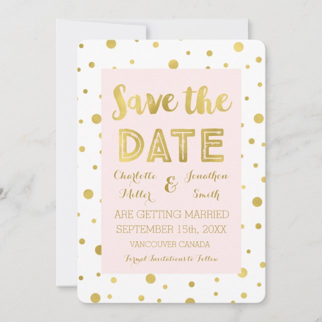 Reserva La Fecha Blush Gold Confetti Boda Foto Guardar la Fecha (Anverso)