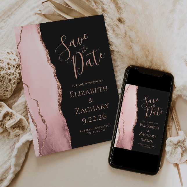 Reserva La Fecha Blush Pink Rose Gold Agate Save the Date Card (Subido por el creador)