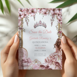 Reserva La Fecha Blush Pink Silver Tiara Floral Quinceañera