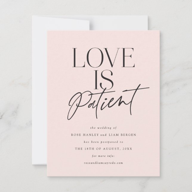 Reserva La Fecha Blush Script Love is Patient Cambia la Fecha (Anverso)