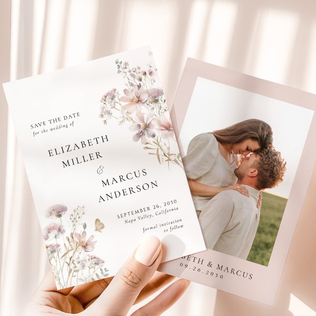 Reserva La Fecha Blush Wildflower Boho Garden Wedding Save the Date (Blush floral save the date card with couple photo and elegant typography wedding stationery)