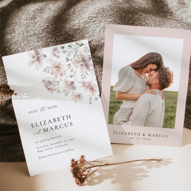 Reserva La Fecha Blush Wildflower Minimal Wedding Save the Date (Floral save the date card with couple photo, blush wedding stationery flat lay mockup)