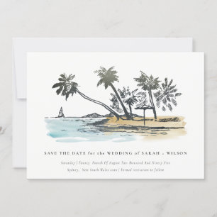 Reserva La Fecha Boceto de Palma de Playa Tropical Elegante Acuarel