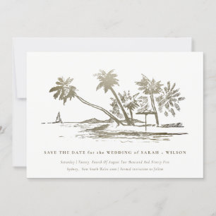 Reserva La Fecha Boceto de palmera de playa tropical elegante dorad