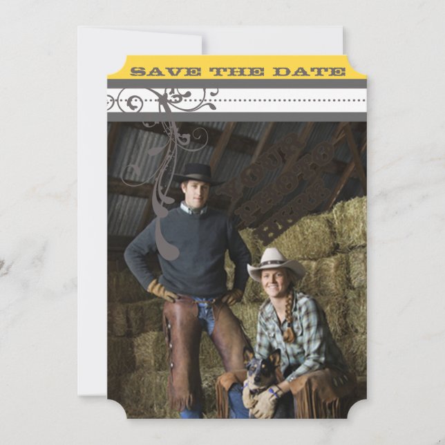 Reserva La Fecha Boda amarilla y gris de divertidos Swirls Ahorra l (Anverso)