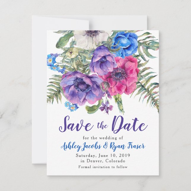Reserva La Fecha Boda anémona Guardar la Floral acuarela de fecha (Anverso)