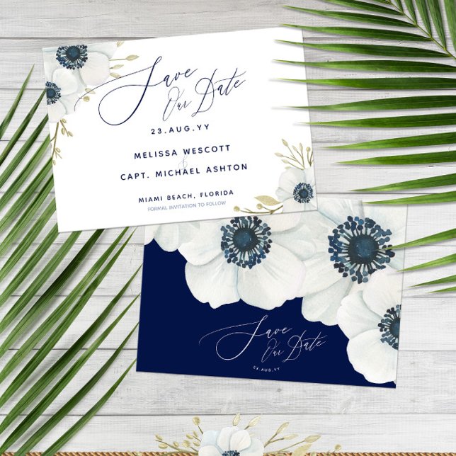 Reserva La Fecha Boda Anemone Blanco Elegante 💍 Azul de la Marina (Navy Blue 💍 Elegant White Anemone Wedding Save The Date
)