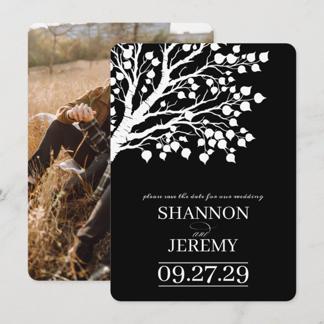 Reserva La Fecha Boda Árbol Aspen Blanco y Negro (Anverso / Reverso)