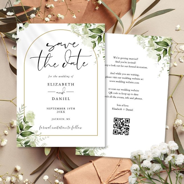 Reserva La Fecha Boda Arco Dorado Verde Rustico Código QR (Rustic Greenery Gold Arch QR Code Wedding Save The Date)