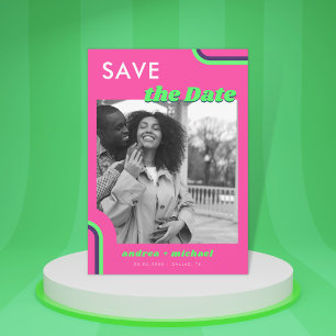 Reserva La Fecha Boda arcoíris retro rosa y verde