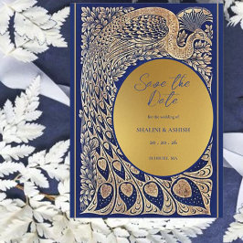Reserva La Fecha Boda Art Nouveau de Blue Gold Peacock