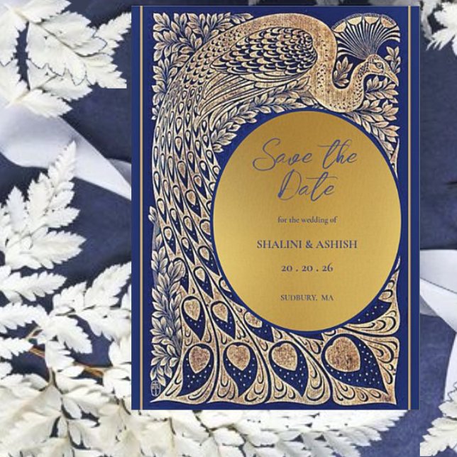 Reserva La Fecha Boda Art Nouveau de Blue Gold Peacock (Subido por el creador)