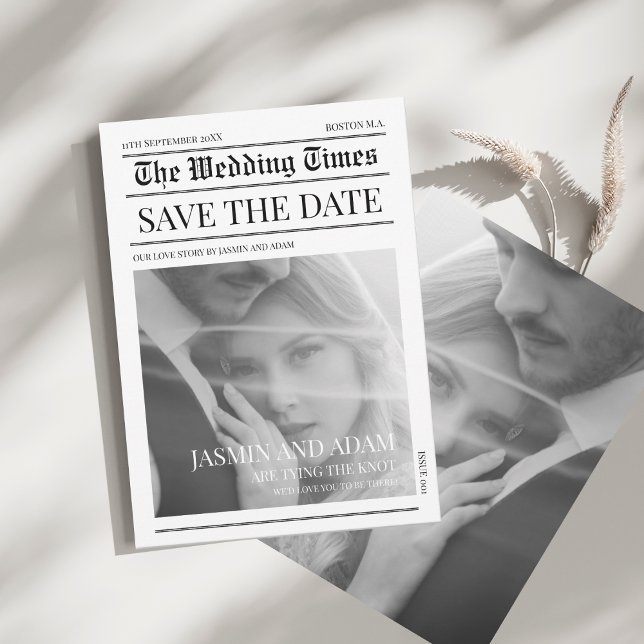 Reserva La Fecha Boda atemporal con periódico blanco y negro (Newspaper Black and White Unique Photo Wedding Save The Date)