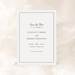 Reserva La Fecha Boda atemporal elegante blanca y negra<br><div class="desc">Elegante boda guarda la fecha con un diseño simple con los detalles del evento en los tipos de letra serif y script dentro de un borde.</div>