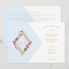 Reserva La Fecha Boda azul claro Iniciales Forma de Diamante Floral