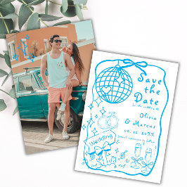 Reserva La Fecha Boda azul de Doodle dibujado a mano caprichosa