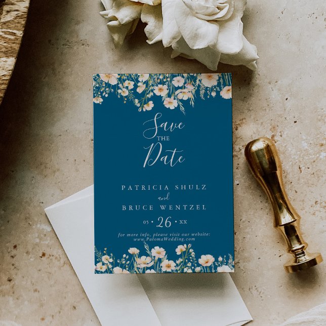 Reserva La Fecha Boda azul de flores silvestres de Boho Rubor clási (Subido por el creador)