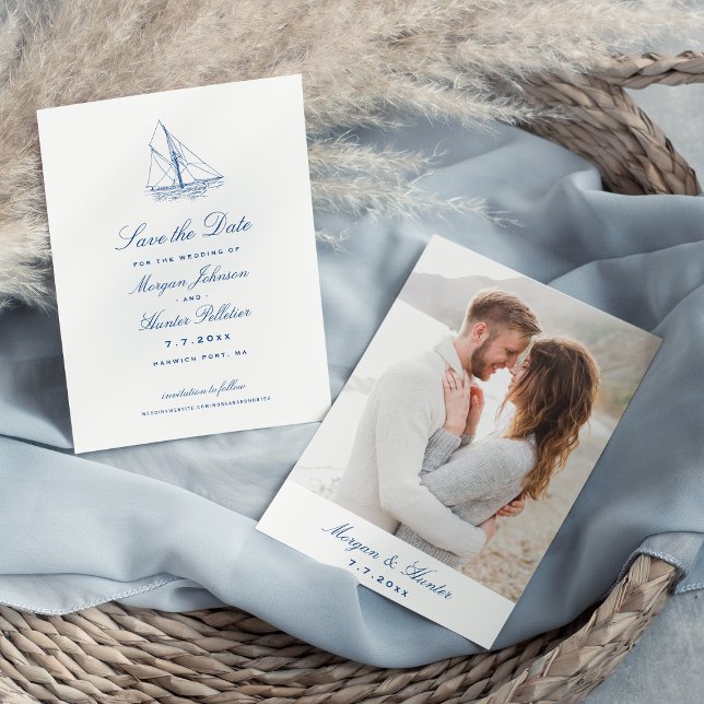 Reserva La Fecha Boda azul de la Marina Elegante (Sailboat and Waves Wedding Save the Date with Photo for an Elegant Navy Blue Yacht Club Wedding)