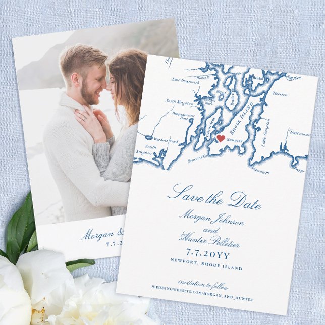 Reserva La Fecha Boda azul de la Marina Elegante de la Isla Rhode d (Newport RI Map Wedding Save the Date with Photo in elegant navy blue from Coastal Map Designs)