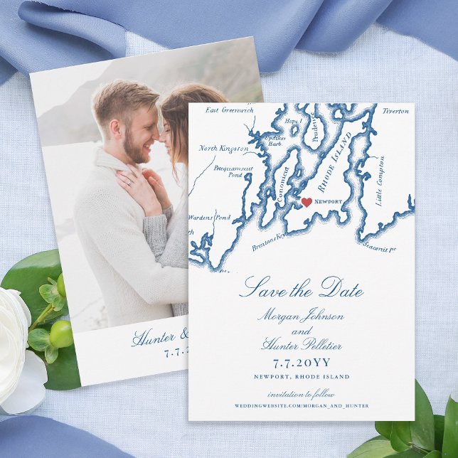 Reserva La Fecha Boda azul de la Marina Elegante de Newport RI Map (Newport RI Map Save the Date with Photo for an Elegant Navy Blue Wedding from Coastal Map Designs)