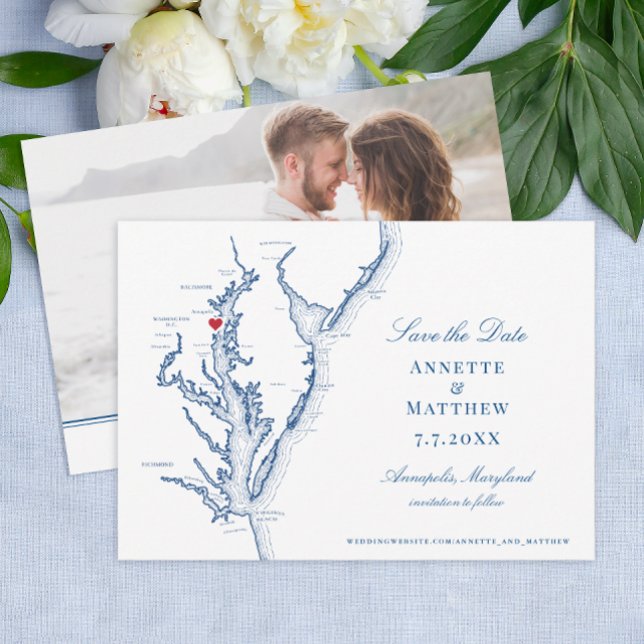 Reserva La Fecha Boda Azul de la Marina MD de Annapolis de la Bahía (Annapolis MD Wedding Map Save the Date with Photo in elegant navy blue from Coastal Map Designs)