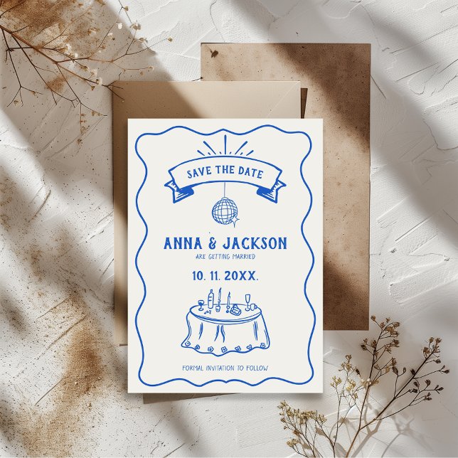 Reserva La Fecha Boda Azul Dibujo Retro Quirky Ilustrada a Mano (Retro Hand Illustrated Blue And White Quirky Wedding Save the Date )