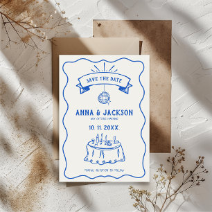 Reserva La Fecha Boda Azul Dibujo Retro Quirky Ilustrado a Mano