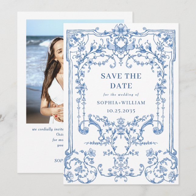 Reserva La Fecha Boda azul floral de Grace, ornato victoriano (Anverso / Reverso)