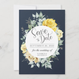 Reserva La Fecha Boda azul marino de color verde amarillo y floral