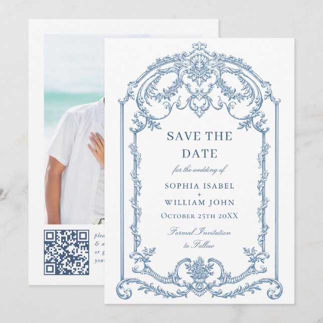 Reserva La Fecha Boda azul oxidado y floral de Grace (Anverso / Reverso)