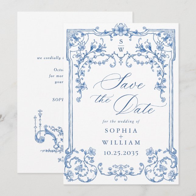 Reserva La Fecha Boda azul oxidado y floral de Grace (Anverso / Reverso)