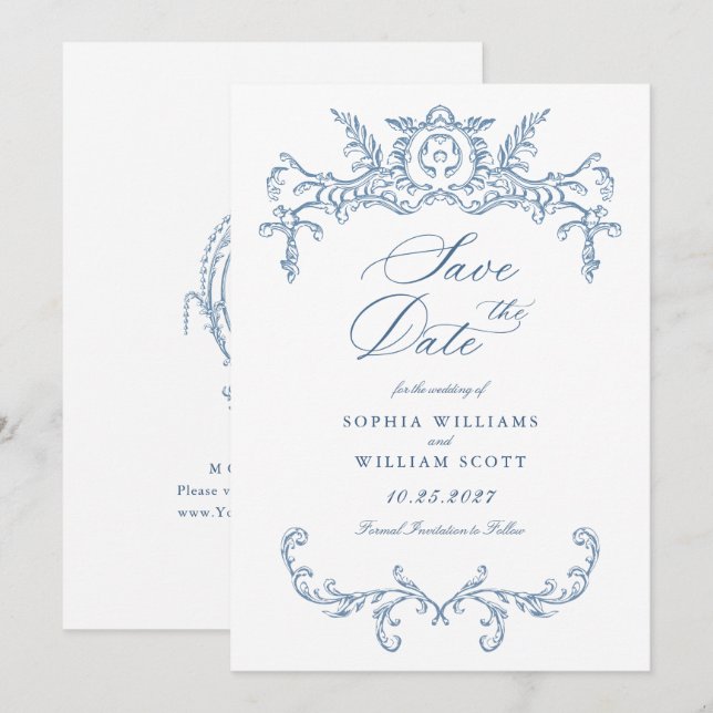 Reserva La Fecha Boda azul oxidado y floral de Grace (Anverso / Reverso)