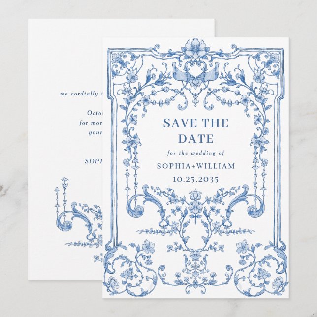 Reserva La Fecha Boda azul oxidado y floral de Grace (Anverso / Reverso)
