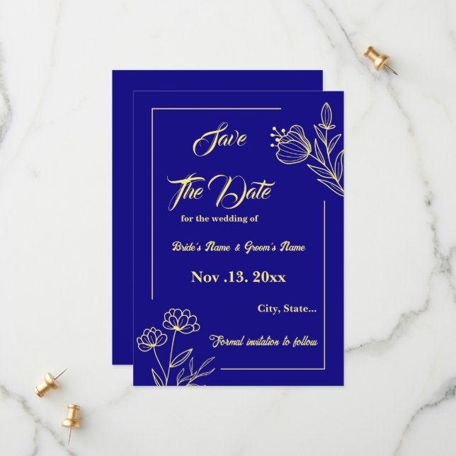 Reserva La Fecha Boda azul real de flor dorada romántica y elegante (Anverso/Reverso In Situ)