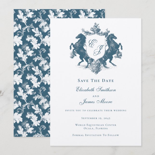 Reserva La Fecha Boda azul Verde azulado Escudo Monograma Ecuestre (Anverso / Reverso)