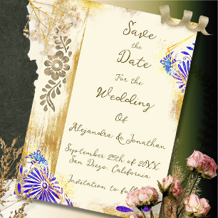 Reserva La Fecha Boda Barroca Otomi Mexicana Azul y Dorado Elegante