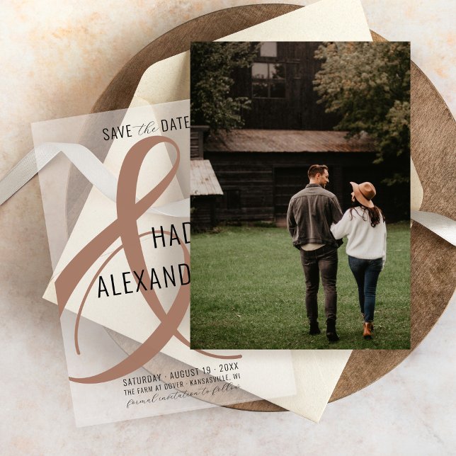 Reserva La Fecha Boda básico de fotografía básica MOCHA BROWN (Simple photo underlay card for modern mocha mousse ampersand vellum overlay wedding save the date)