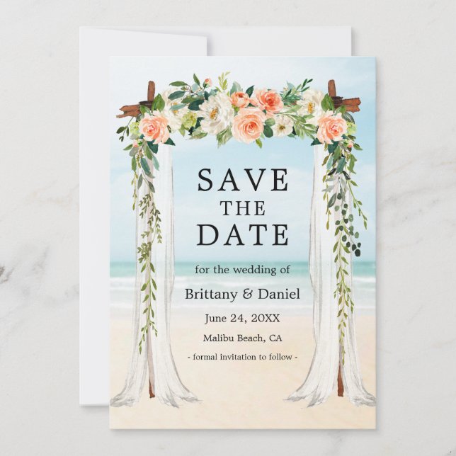 Reserva La Fecha Boda Beach Canopy acuarela Coral Floral Blanca (Anverso)
