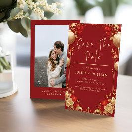 Reserva La Fecha Boda bilingüe chino floral asiático-moderno